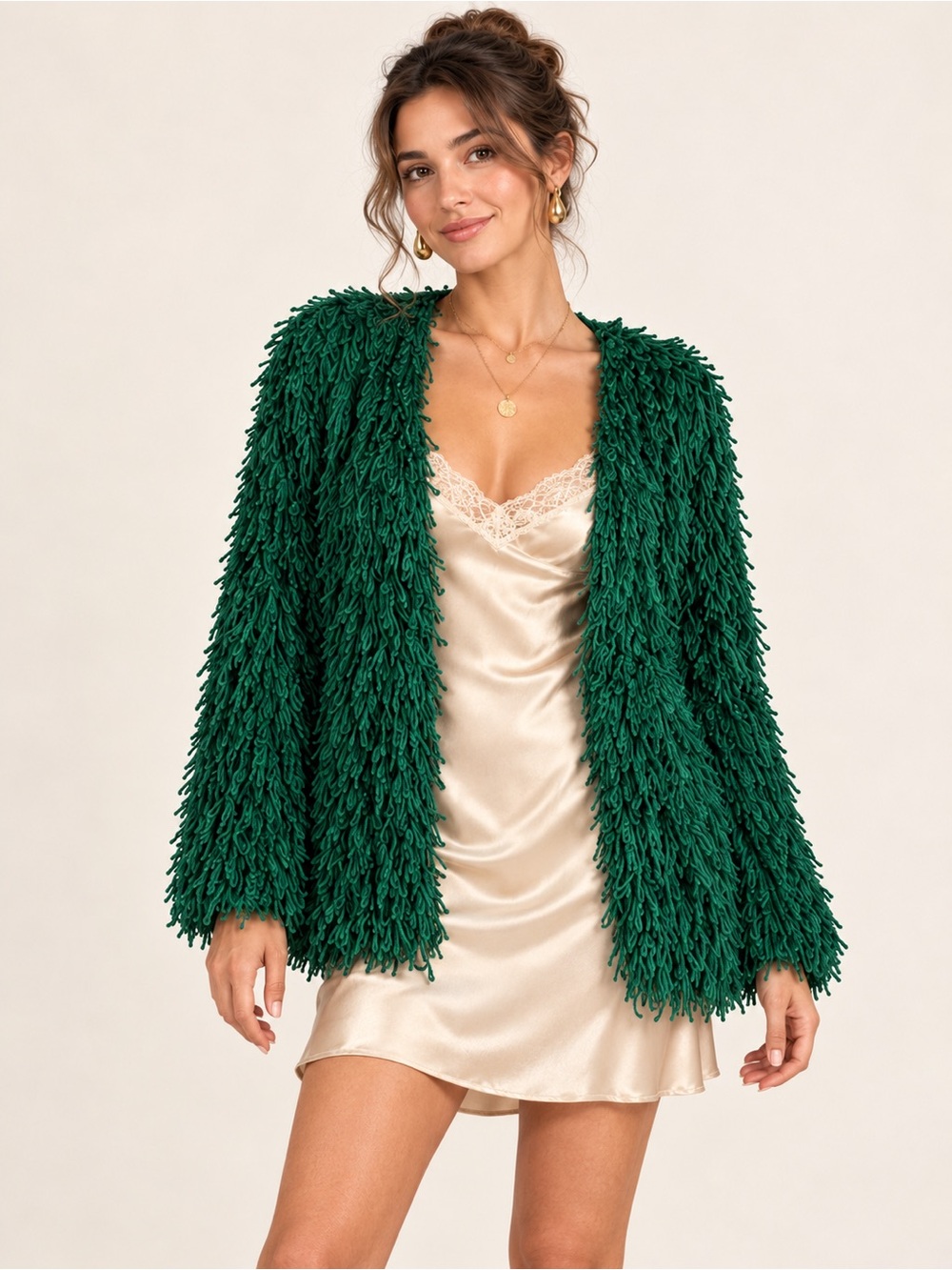 Colleen Lopez Fringe Knit Topper Jacket Deep Forest Green Shaggy Cardigan XL